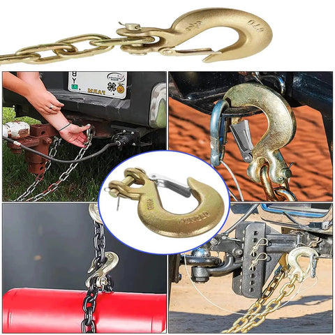 Four Pack Heavy Duty Forged Steel G70 Clevis Slip Hooks With Spring Loaded Safety Latch One Quarter Inch Tow Chain Grab Hooks attached to chains and equipment.