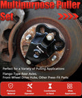 Image of a multipurpose puller set installed on a rear axle with text highlighting features and applications for various parts.
