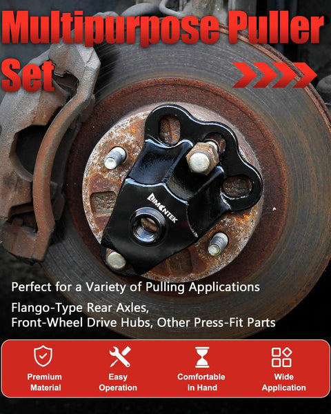 Image of a multipurpose puller set installed on a rear axle with text highlighting features and applications for various parts.