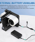 Workhorse Portable Label Dispenser With Dual Sensors And Three Speed Modes For Shipping Packages Includes Rechargeable Battery, showing external battery setup.