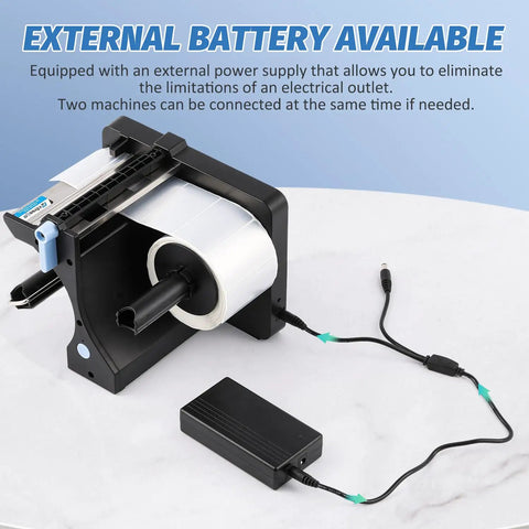 Workhorse Portable Label Dispenser With Dual Sensors And Three Speed Modes For Shipping Packages Includes Rechargeable Battery, showing external battery setup.