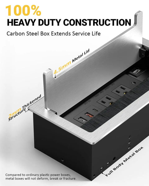 Pop Up Power Strip With PD 30W USB Ports For Table Conference Room And Countertop Use, durable metal construction detail