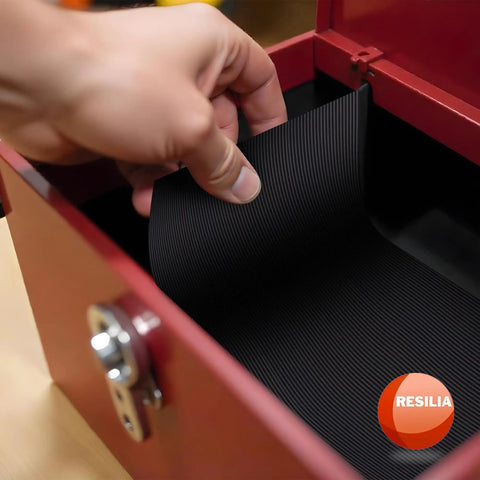 Heavy Duty Ribbed Tool Box Liner Mat Non Slip V Groove For Toolbox Drawer Shelf Cabinet And Workbench Organization, shown being installed