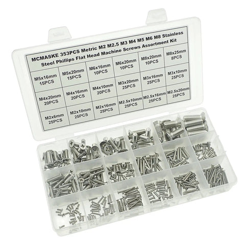 Grab-And-Go Pro Grade 304 Stainless Steel Phillips Flat Head Machine Screws Set in box, assorted M2 to M8 sizes