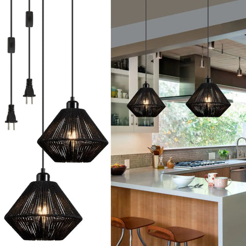 2 Pack Woven Plug In Pendant Lights Black Rustic Farmhouse Style With Cord And On Off Switch For Kitchen Island