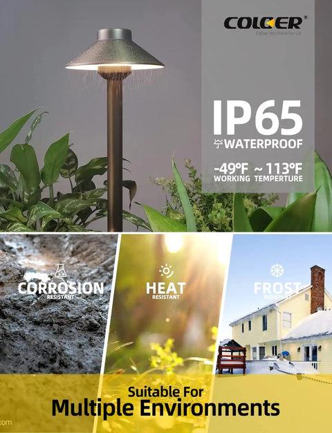 Brass Low Voltage Pathway Lights Outdoor 1 Pack With 2W LED G4 Bulb showing IP65 waterproof feature in garden setting.