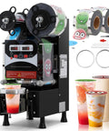 Straight Up Heavy Duty Commercial Boba Cup Sealer Machine With Digital Control Dual Auto Manual Modes Cranks Out 700 Cups Per Hour Top Shelf Construction For Coffee Stands with colorful sealing film rolls and drinks.