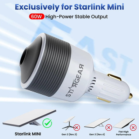 Starlink Mini Car Adapter 12V To 24V DC Step Up Converter With 60W Cigarette Lighter Power Boost Stable 24V Output For Starlink Mini plug-in adapter, shown with 60W label and Starlink Mini compatibility