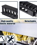 4 Pack 1U Rack Cable Management Sleeves Kit with Horizontal Mount Clips, 12 Slot Organizer, and panel cover displayed