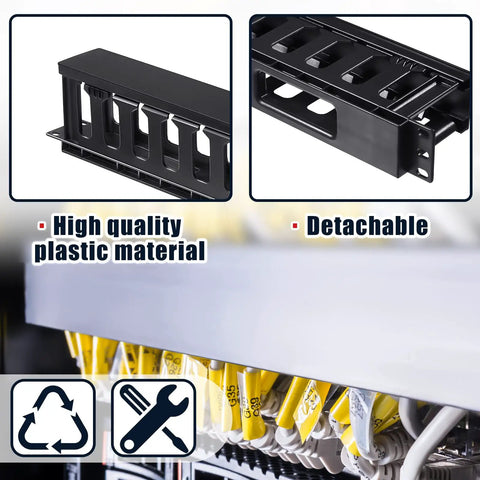 4 Pack 1U Rack Cable Management Sleeves Kit with Horizontal Mount Clips, 12 Slot Organizer, and panel cover displayed