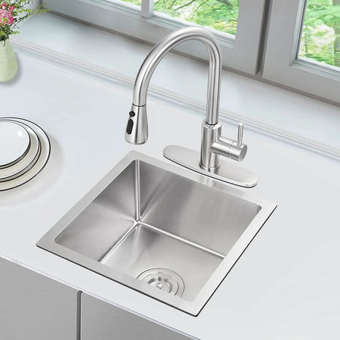 Undermount Bar Sink 15 x 15 Inch Single Bowl Stainless Steel Handcrafted Kitchen Sink For Small Bars And Apartments, satin finish