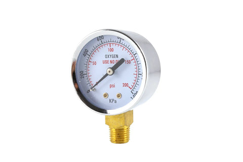 Low And High Pressure Gauges For Oxygen Regulator Set Two Inch Dial One Quarter Inch NPT Bottom Inlet Pair 0 To 4000 PSI Easy Read PSI And KPA Readouts brass oxygen gauge