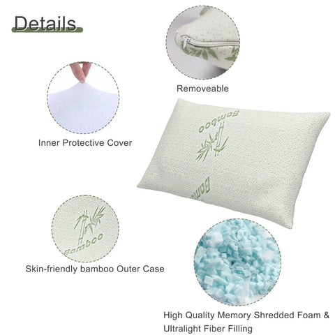 Two Pack Camping Pillow For Sleeping On The Go, Compact Travel Pillow With Shredded Memory Foam, bamboo cover details