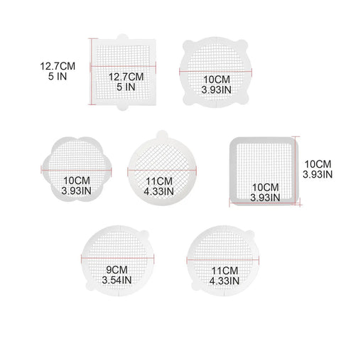 6 different sizes of 10pcs Shower Drain Hair Catcher Mesh Stickers, Square, displayed with measurements.