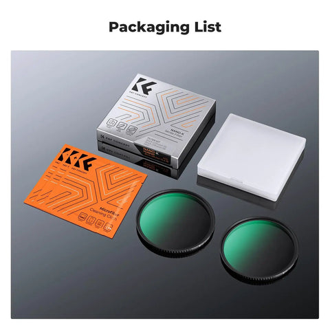 49mm Black Diffusion Mist Filters Kit With One Quarter And One Eighth Stops, packaging, two filters, protective case, instruction manual