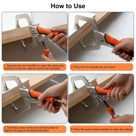 Heavy Duty C Clamps With Swivel Pads For Woodworking And Welding, Adjustable Face Locking Pliers in use step-by-step instructions.