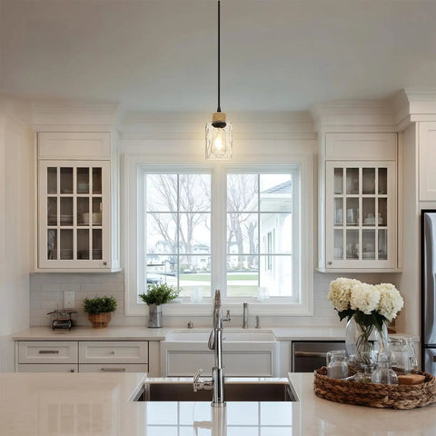 Matte Black Bathroom Pendant Light Fixture With Clear Glass Shade Single Hanging Light in white kitchen over island