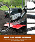 12X728 4L Tooth HA Drive Belt Replacement for rear tine tiller cultivators, shown near tiller, compatible with parts 20343, 20015
