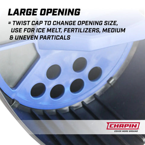 Close-up of 64 Ounce Black Poly Hand Shaker Spreader lid with adjustable openings, suitable for all-year use.