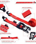 Heavy Duty Ratchet Straps That Mean Business With 1500 Lbs Working Load And 4500 Lbs Break Strength Rubber Coated Double J Hooks Ergonomic Ratchet Handle Tie Down Straps Includes 4 Soft Loops And Carry Bag displayed.