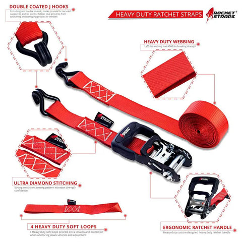 Heavy Duty Ratchet Straps That Mean Business With 1500 Lbs Working Load And 4500 Lbs Break Strength Rubber Coated Double J Hooks Ergonomic Ratchet Handle Tie Down Straps Includes 4 Soft Loops And Carry Bag displayed.