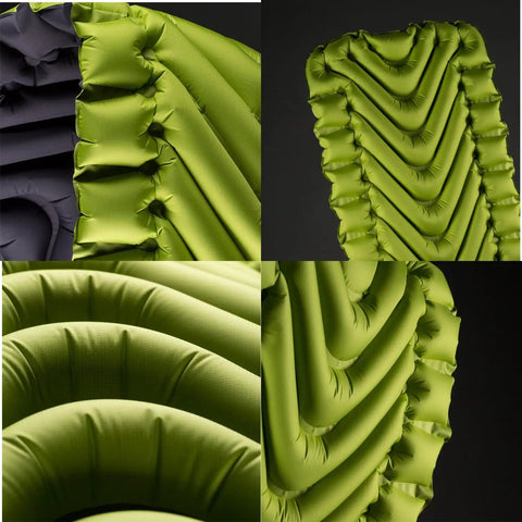 Close-up of Static V2 Dope Inflatable Sleeping Pad for Camping and Backpacking Ultralight Portable Air Bed, green V-Chambers