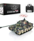 One Six Scale German King Tiger RC Tank RTR with 2.4G Radio and box, showing 340° turret rotation feature.