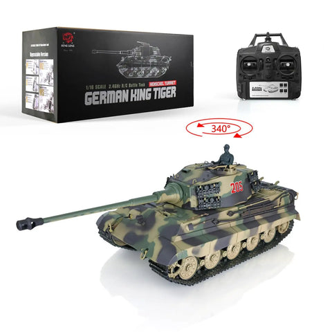 One Six Scale German King Tiger RC Tank RTR with 2.4G Radio and box, showing 340° turret rotation feature.