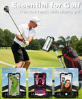 Kick Back And Play With This Hella Secure Golf Push Cart Phone Holder Mount Featuring Quick One Hand Install Universal Handlebar Clamp And Thick Silicone Padding For Your Phone, showing a golfer swinging with mounted phone for GPS, music, and calls.