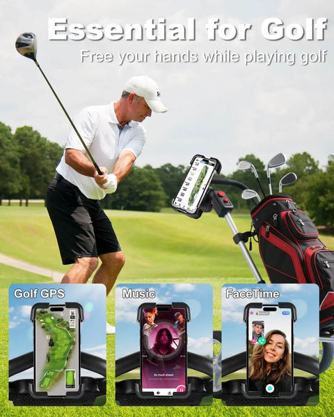 Kick Back And Play With This Hella Secure Golf Push Cart Phone Holder Mount Featuring Quick One Hand Install Universal Handlebar Clamp And Thick Silicone Padding For Your Phone, showing a golfer swinging with mounted phone for GPS, music, and calls.
