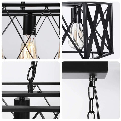 Close-up of metal frame and chain of 6 Light Chandelier For Dining Room And Kitchen Island Pendant Light In Black Rustic Industrial Style