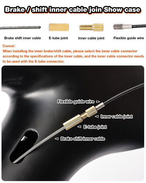 Installed view of LEBYCLE internal cable routing kit inside a bike frame with brass joints and flexible guide wire.