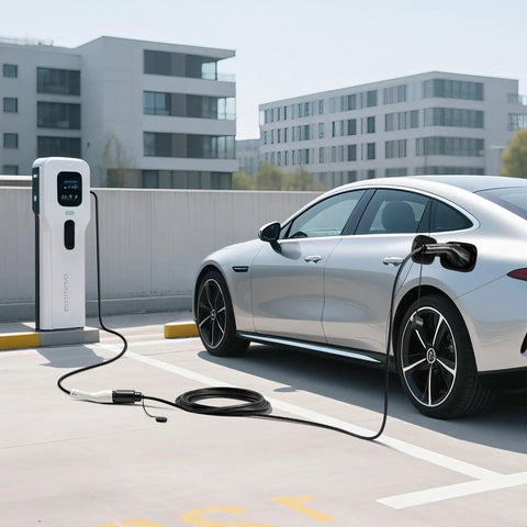 21 Foot J1772 EV Charger Extension Cable 48 Amp Heavy Duty Charging Cord For Electric Cars connected to a silver car at a charging station.