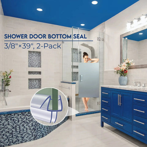 Image of shower with installed Two Pack Shower Door Bottom Seal With Internal Grips And Sweep Strip For Frameless Glass Doors Clear Vinyl Adjustable Length Stops Leaks And Keeps Your Bathroom Dry Three Eighths Inch Thick Thirty Nine Inches Long.