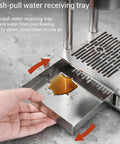 Push-pull water receiving tray for Travel Friendly Manual Lever Espresso Maker, stainless steel with water overflow prevention.