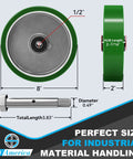 Heavy Duty Casters 8 Inch By 2 Inch, Aluminum Core, Polyurethane Tread, side and front view details with measurements.