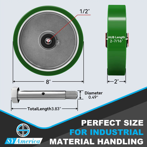 Heavy Duty Casters 8 Inch By 2 Inch, Aluminum Core, Polyurethane Tread, side and front view details with measurements.