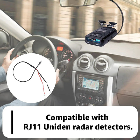 Car interior displaying an RJ11 Replacement Mirror Wire Power Cord for Uniden Radar Detectors, fits DFR7 R4 R3 R7 R8 models