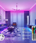 65 Point 6 Foot RGB LED Strip Lights With App And Remote Control Music Sync 5050 RGB LEDs 16 Million Colors Timer DIY Modes Lit Bedroom TV Party Decor in a modern living room setting