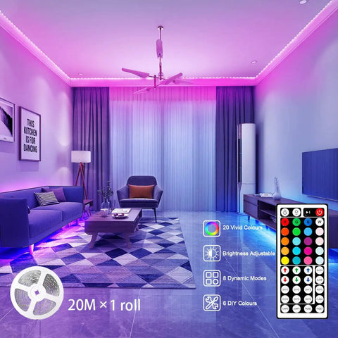 65 Point 6 Foot RGB LED Strip Lights With App And Remote Control Music Sync 5050 RGB LEDs 16 Million Colors Timer DIY Modes Lit Bedroom TV Party Decor in a modern living room setting