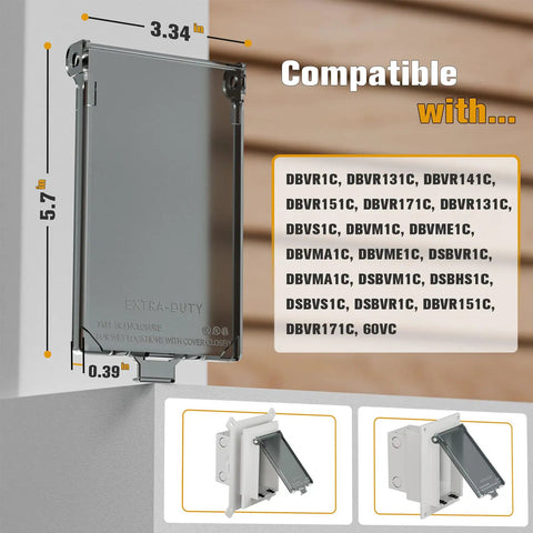 Heavy Duty Recessed Outlet Box Covers 2 Pack Clear UV Resistant Extreme Weatherproof for DBVR, DBVS, DBVM models, shown with dimensions.