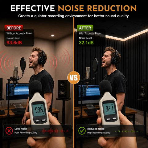 Demonstration of Premium Acoustic Foam Panels 4 Pack 48 By 24 By 2 Inch High Density Soundproof Wall Tiles reducing noise levels.