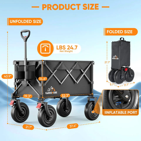 All-Terrain Beach Wagon Beast With 9x3 Rubber Wheels Foldable Heavy Duty Utility Cart shown in unfolded and folded size