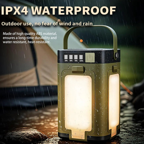 Portable IPX4 Waterproof Camping Lantern With 2000mAh Solar Charging in rain near a tent showcasing durability and design.