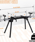 Built Tough Folding Miter Saw Stand Handles 440 Pounds Without Breaking A Sweat dimensions with height, width, and load capacity details.