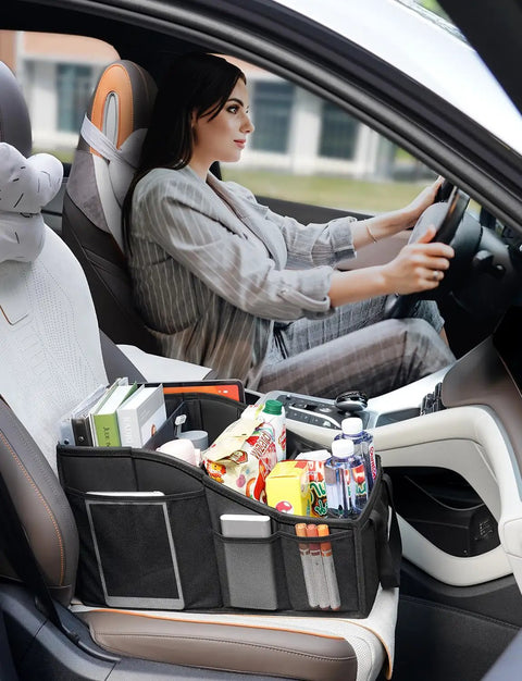 Front seat with Backseat Car Organizer With Four Compartments, Four Cup Holders And Seven Mesh Pockets For Front And Rear Seats, Black.