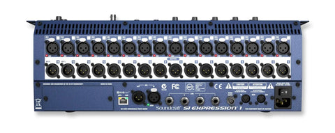 Rear view of Si Expression 1 Digital 16 Channel Live Audio Mixer Console With Dope Fader Setup And 64 x 64 IO Expansion Via ViSi Connect