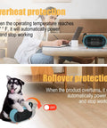 Portable Mini Space Heater For Home And Office, Energy Efficient With Overheat Protection, shown on a desk and with a playful puppy