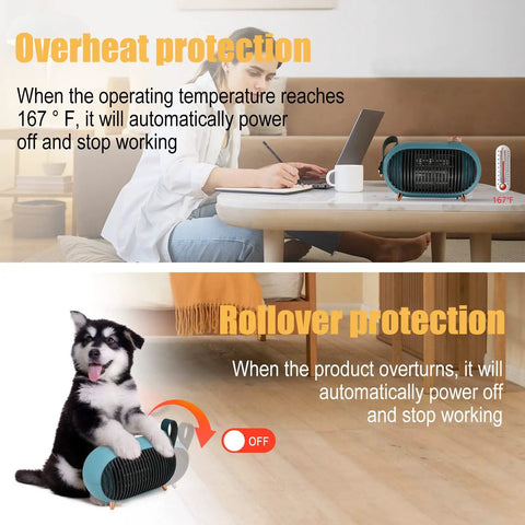 Portable Mini Space Heater For Home And Office, Energy Efficient With Overheat Protection, shown on a desk and with a playful puppy