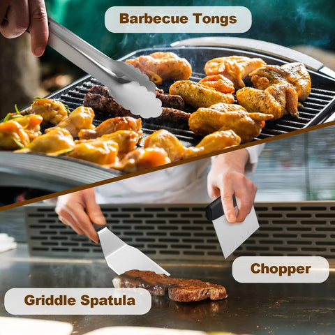 14 Piece Griddle Accessories Kit For Flat Top Grills A Complete Outdoor BBQ Set With tongs, chopper, and spatula in use